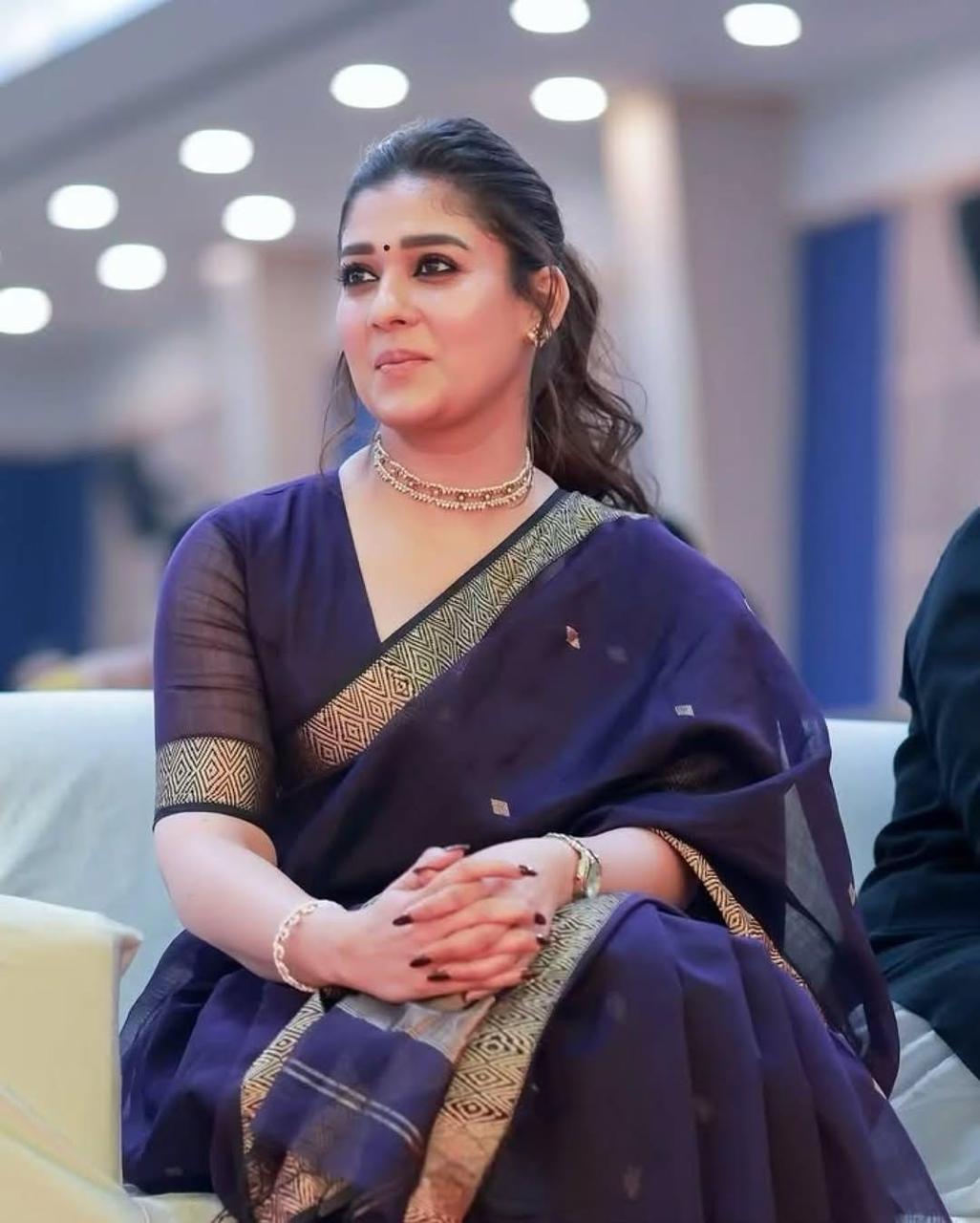 Nayanthara Inspired Royal Purple Soft Linen Cotton Silk Saree with Antique Gold Zari Border