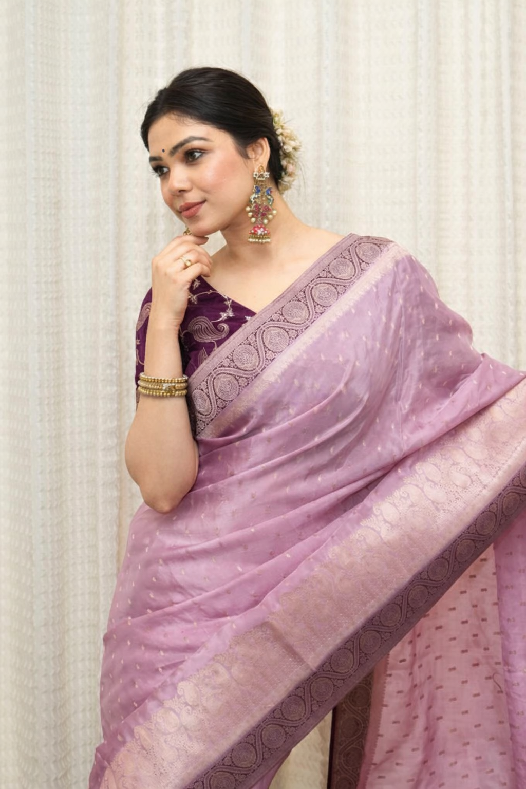 Graceful Lavender Silk Saree with Rich Border – Premium Party Wear