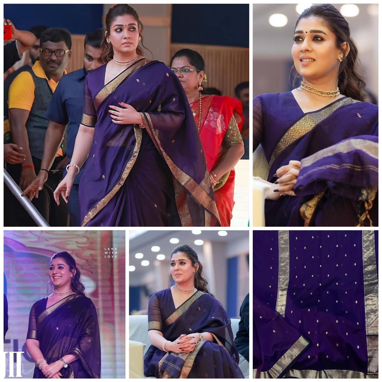 Nayanthara Inspired Royal Purple Soft Linen Cotton Silk Saree with Antique Gold Zari Border