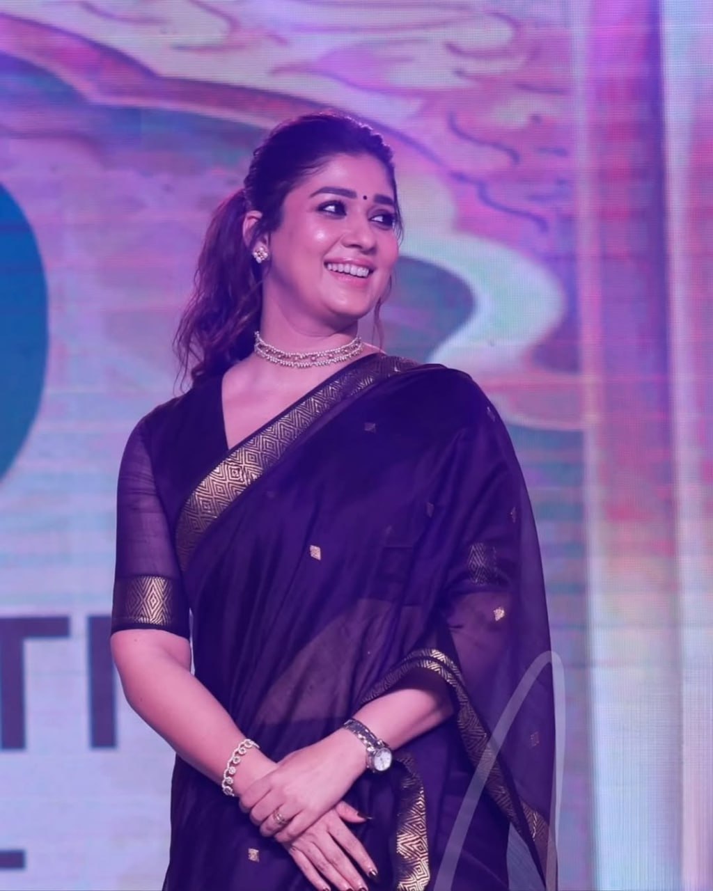 Nayanthara Inspired Royal Purple Soft Linen Cotton Silk Saree with Antique Gold Zari Border