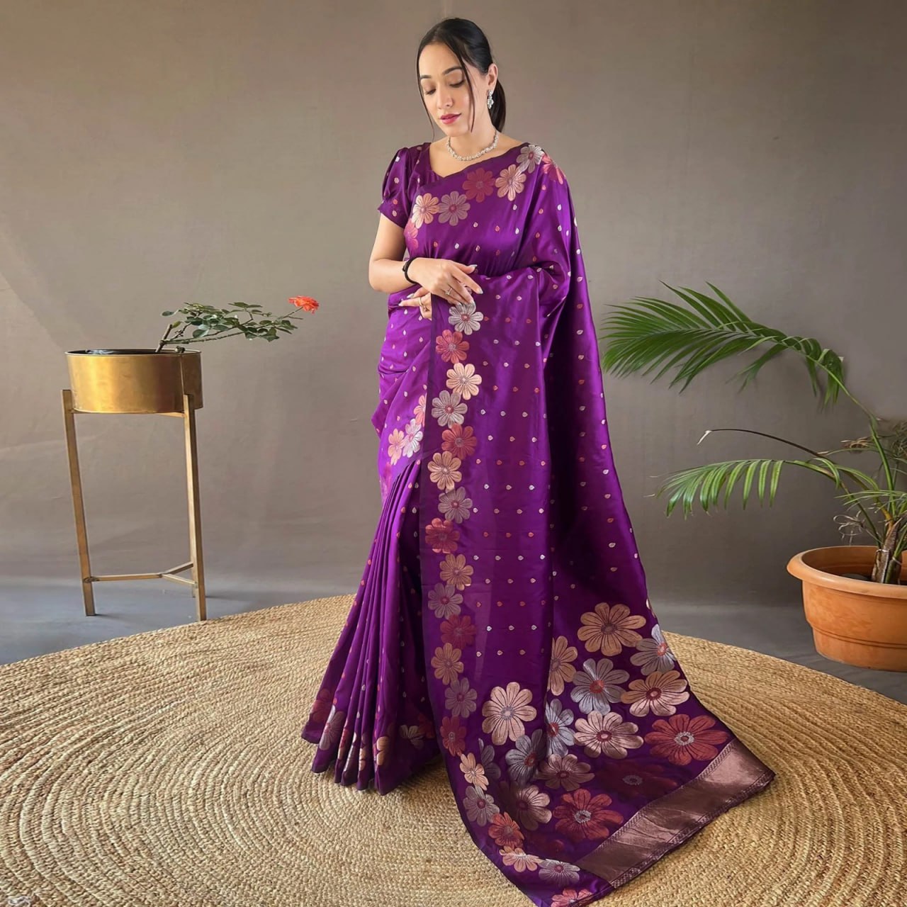Banarasi Soft Silk Saree with Gold, Copper & Silver Zari Weaving