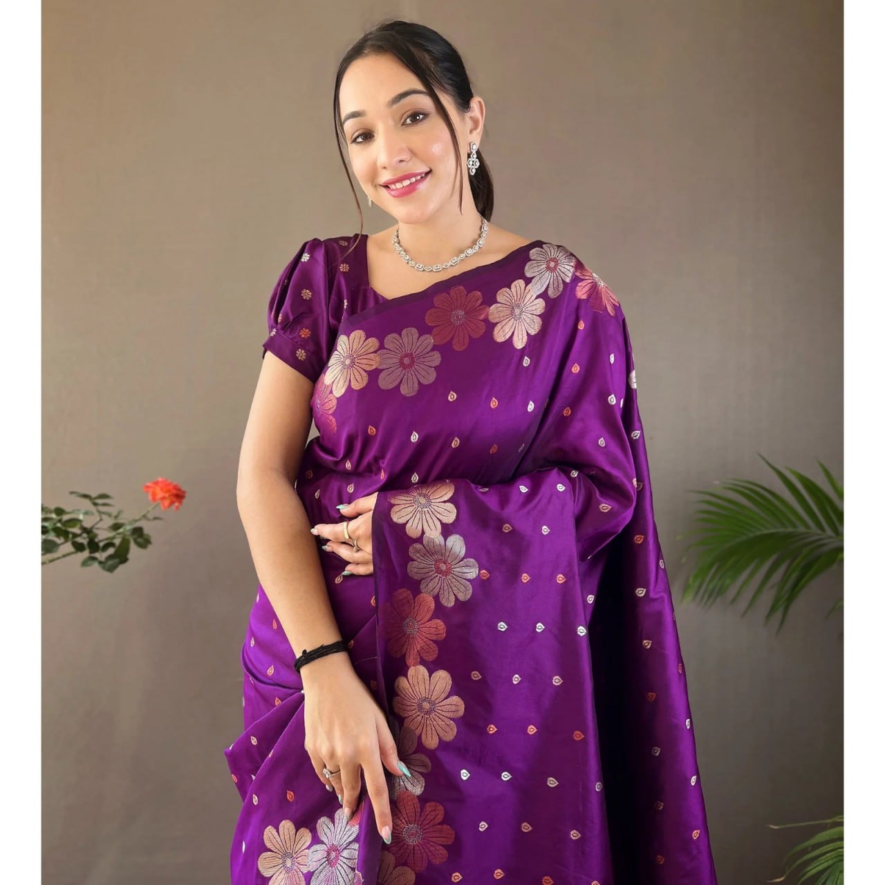 Banarasi Soft Silk Saree with Gold, Copper & Silver Zari Weaving