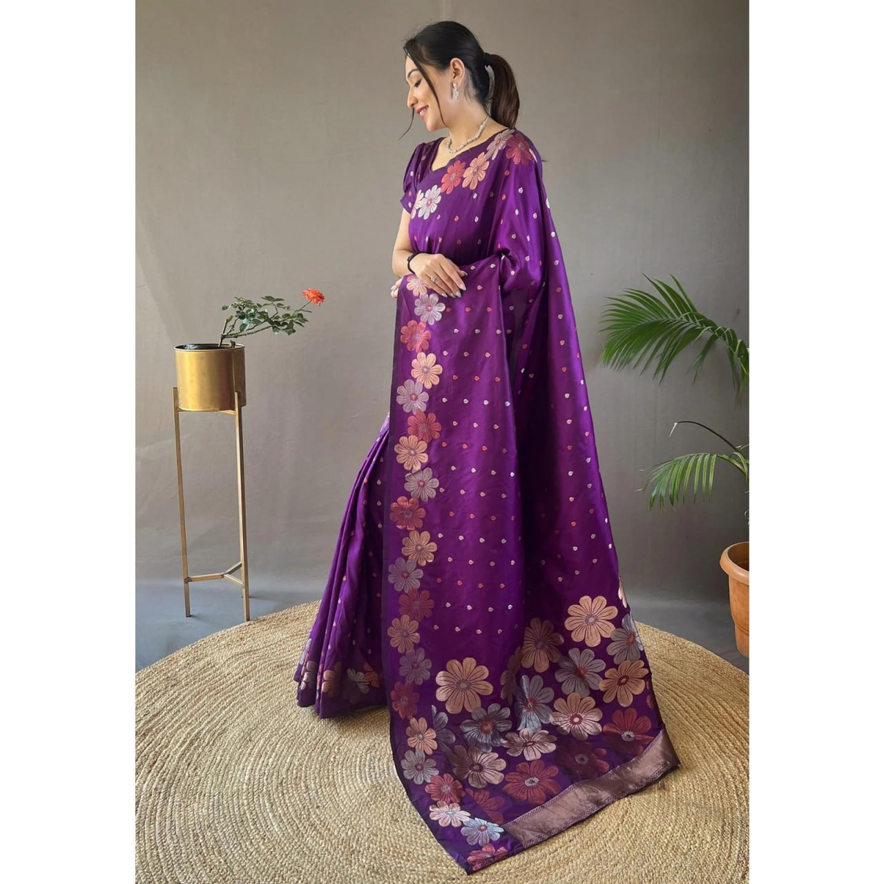 Banarasi Soft Silk Saree with Gold, Copper & Silver Zari Weaving