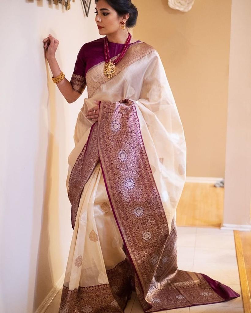Banarasi Soft Silk Saree in Pearl Cream with Maroon Accents