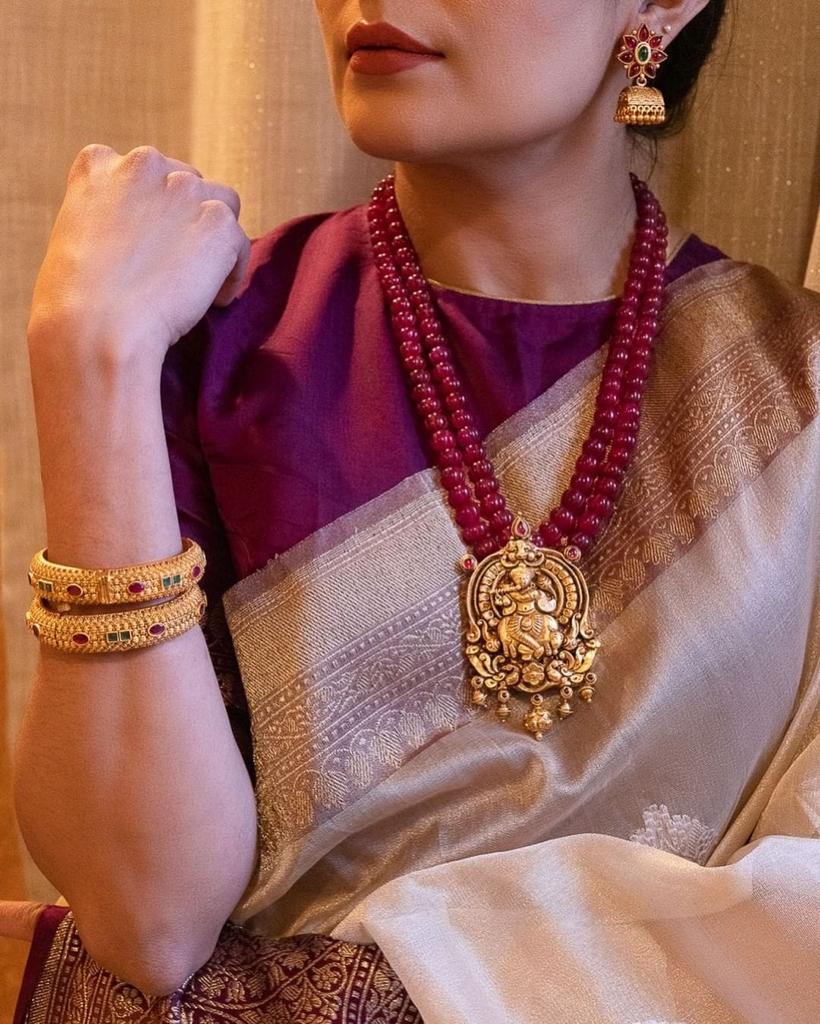 Banarasi Soft Silk Saree in Pearl Cream with Maroon Accents