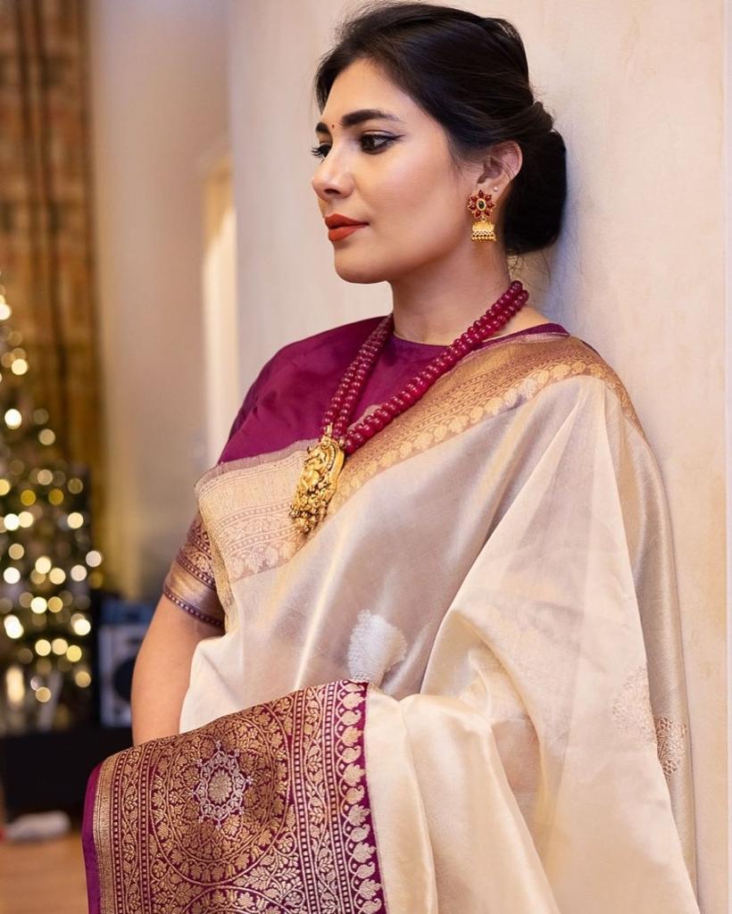 Banarasi Soft Silk Saree in Pearl Cream with Maroon Accents