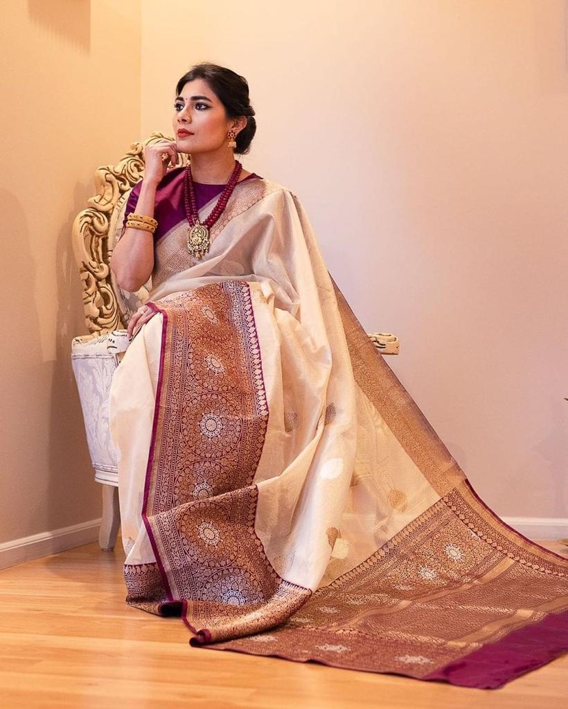 Banarasi Soft Silk Saree in Pearl Cream with Maroon Accents