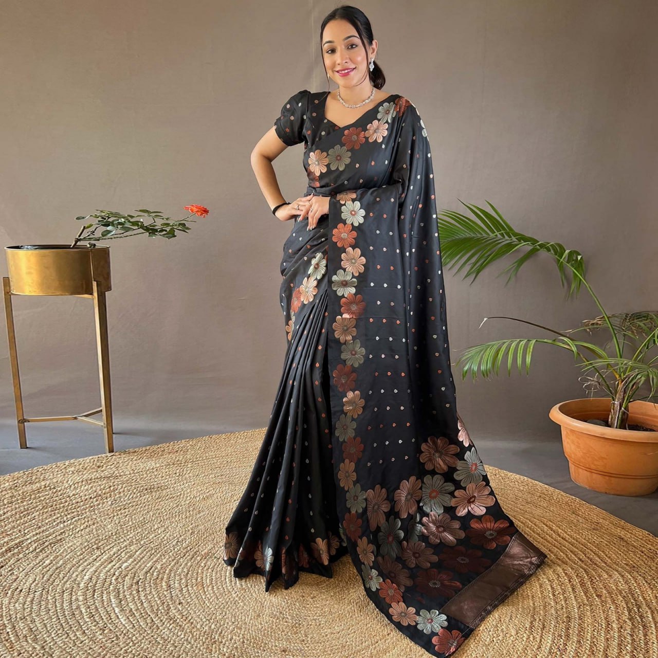 Elegant Black Floral Printed Saree with Earthy Tone Design