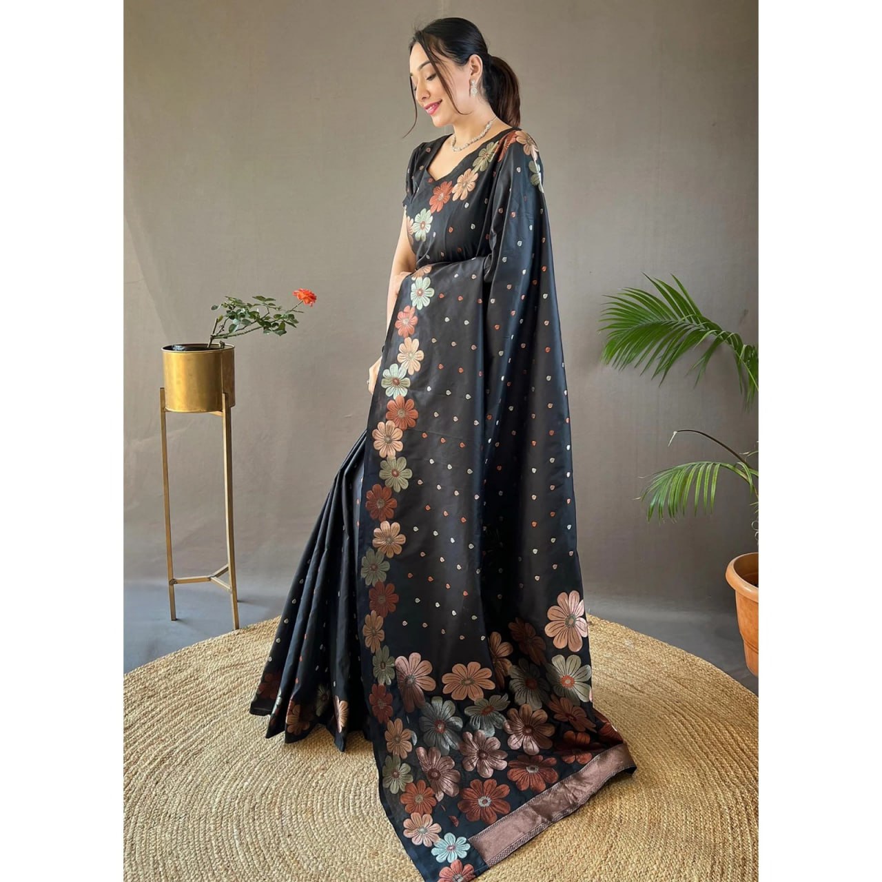 Elegant Black Floral Printed Saree with Earthy Tone Design