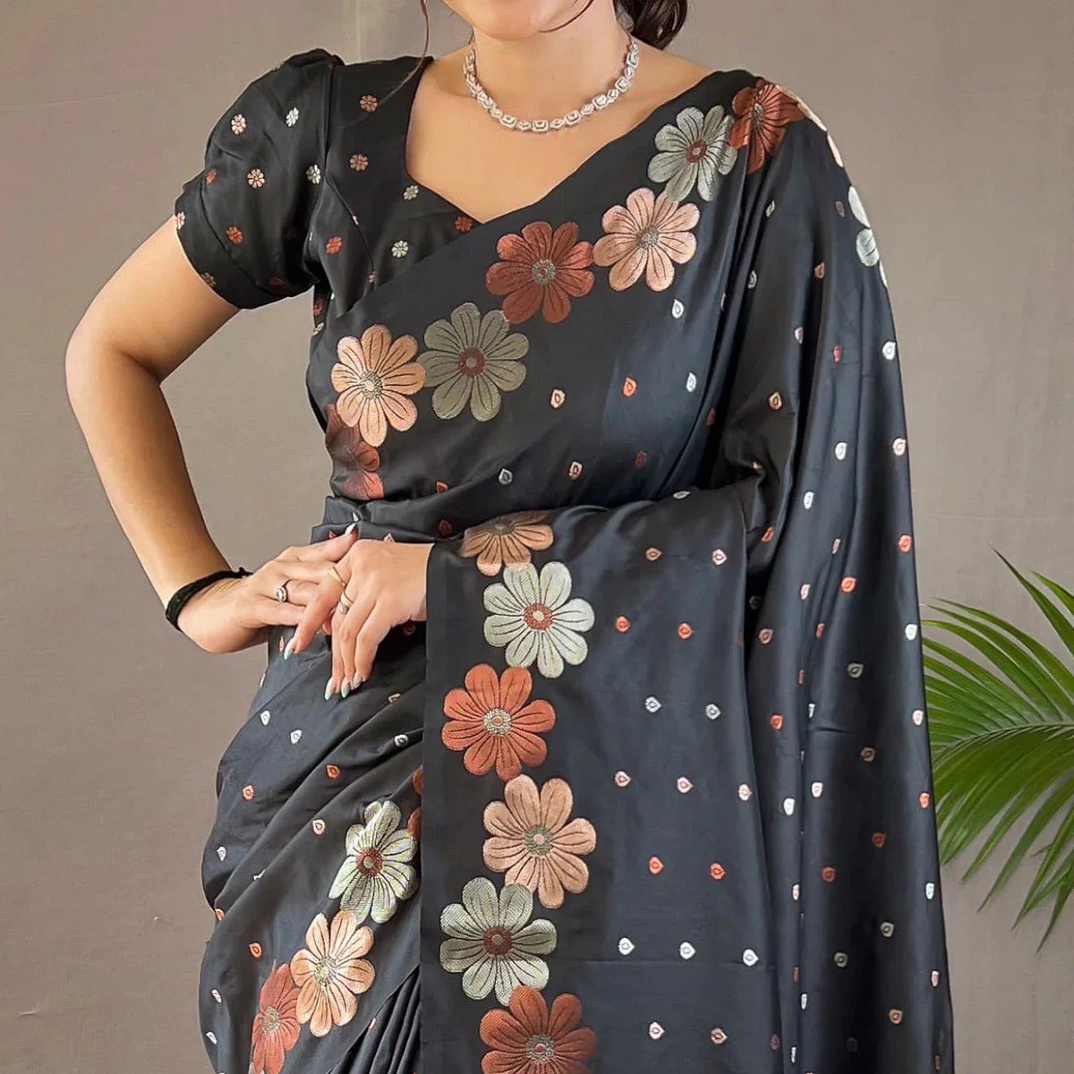 Elegant Black Floral Printed Saree with Earthy Tone Design
