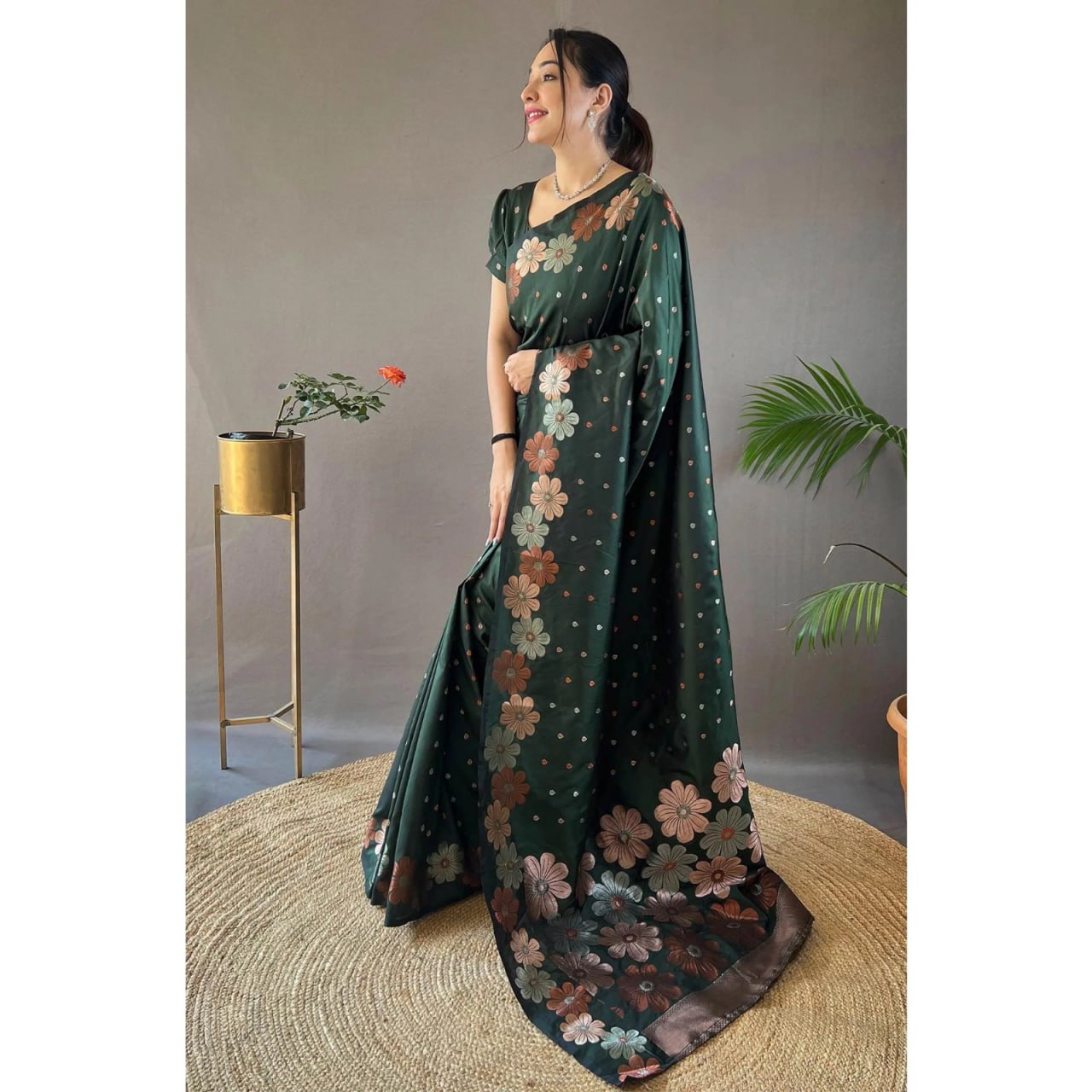 Emerald Bloom Floral Elegant Silk Saree