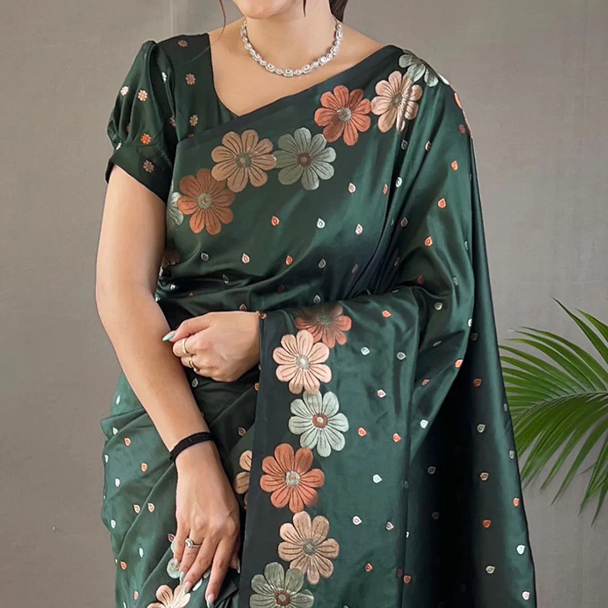 Emerald Bloom Floral Elegant Silk Saree