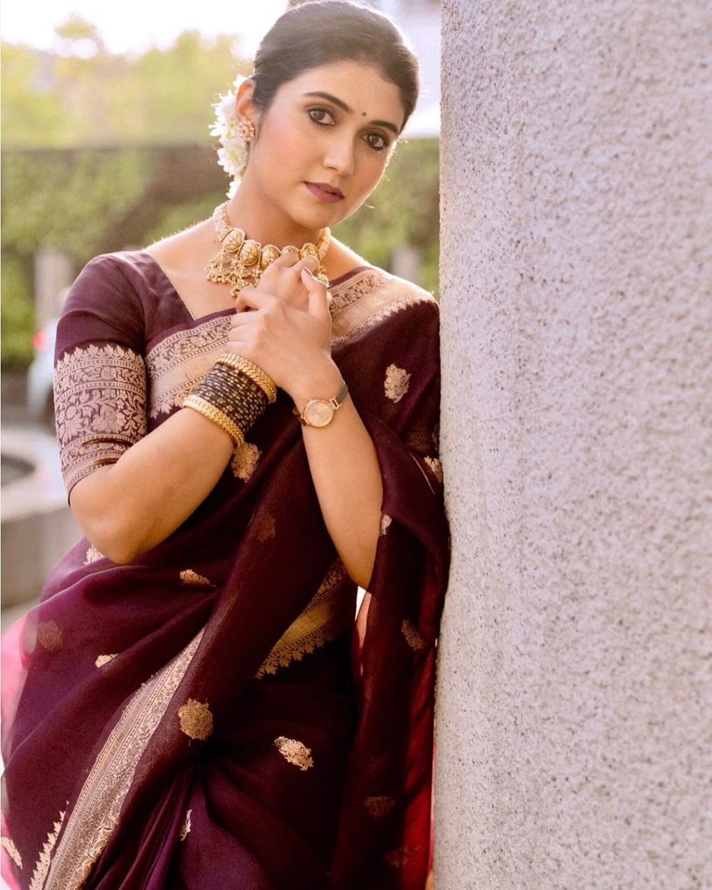 Elegant Wine Brown Banarasi Silk Saree with Classic Gold Zari Work