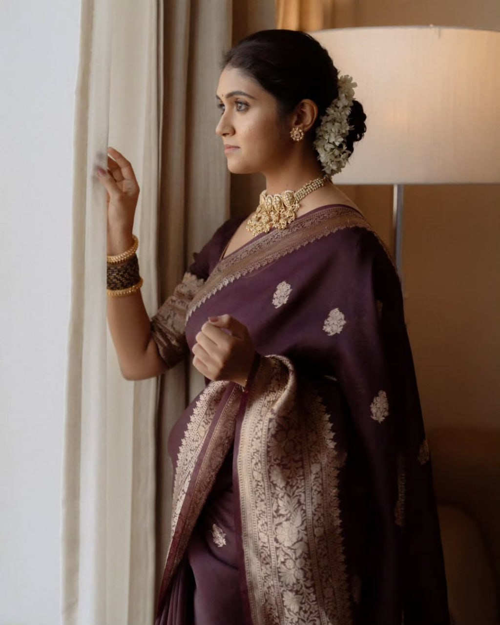 Elegant Wine Brown Banarasi Silk Saree with Classic Gold Zari Work
