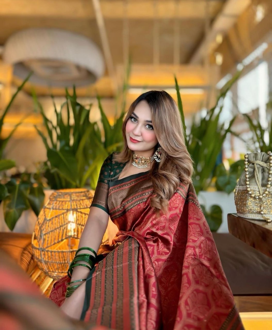Royal Rust Red Silk Saree with Contrast Green Blouse & Rich Zari Border