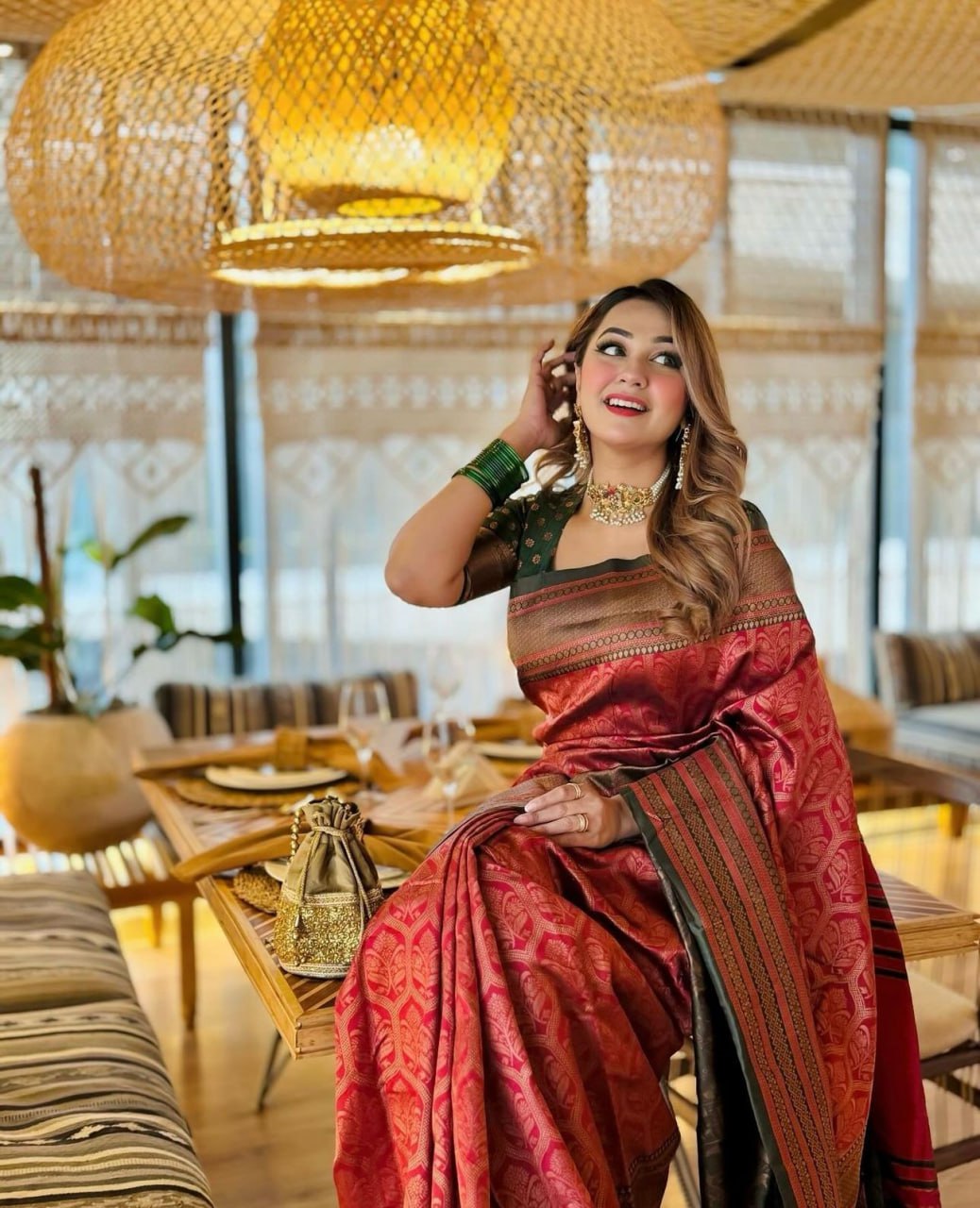 Royal Rust Red Silk Saree with Contrast Green Blouse & Rich Zari Border
