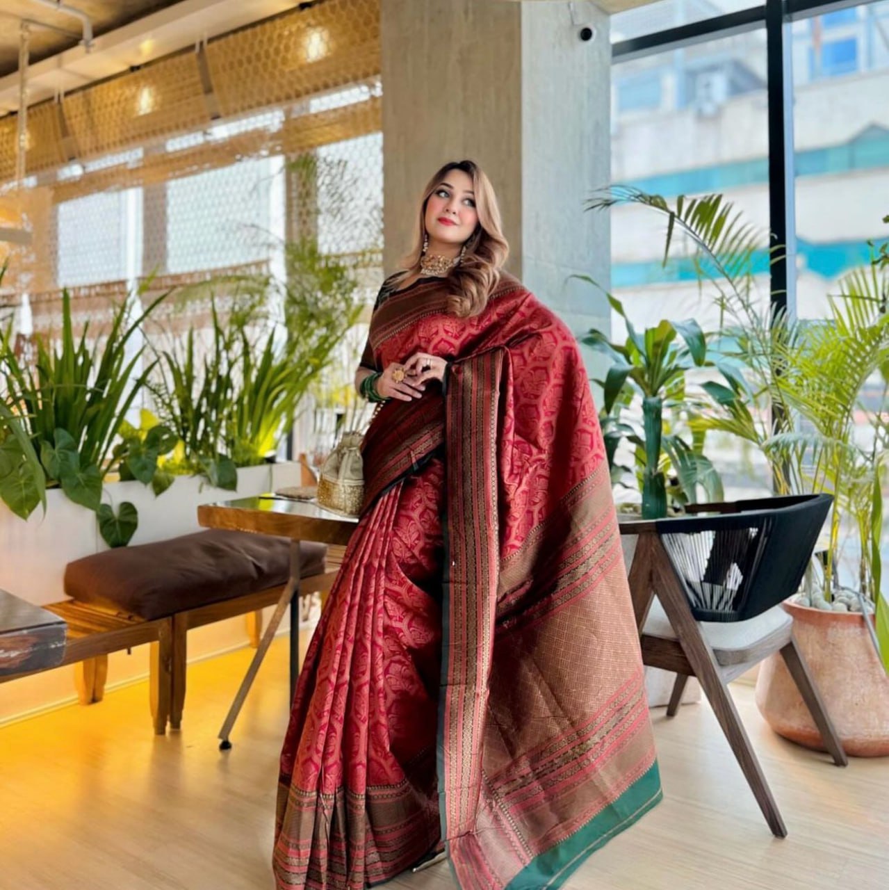 Royal Rust Red Silk Saree with Contrast Green Blouse & Rich Zari Border