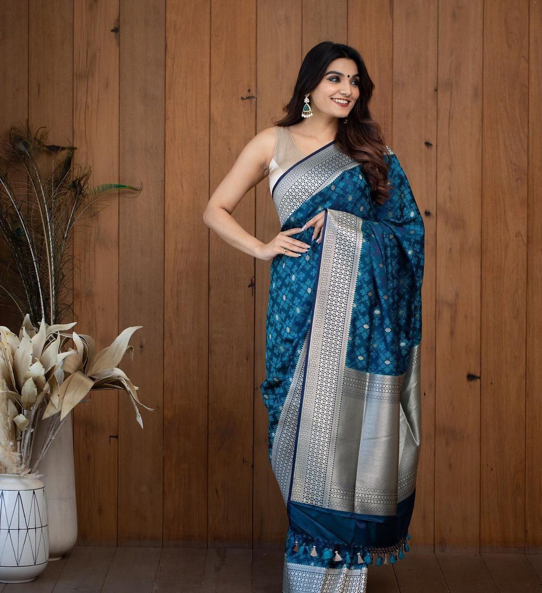 Elegant Teal Blue Soft Silk Saree with Silver Zari Border & Designer Blouse