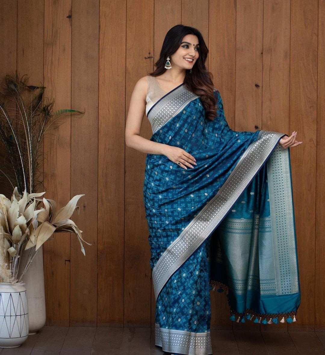 Elegant Teal Blue Soft Silk Saree with Silver Zari Border & Designer Blouse