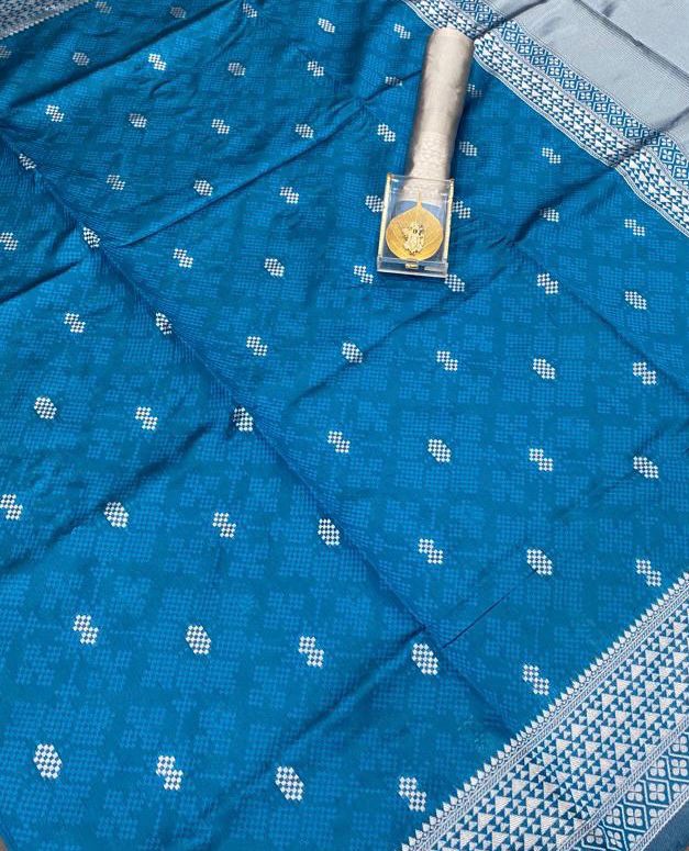 Elegant Teal Blue Soft Silk Saree with Silver Zari Border & Designer Blouse