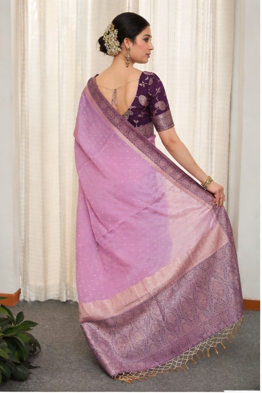 Graceful Lavender Silk Saree with Rich Border – Premium Party Wear