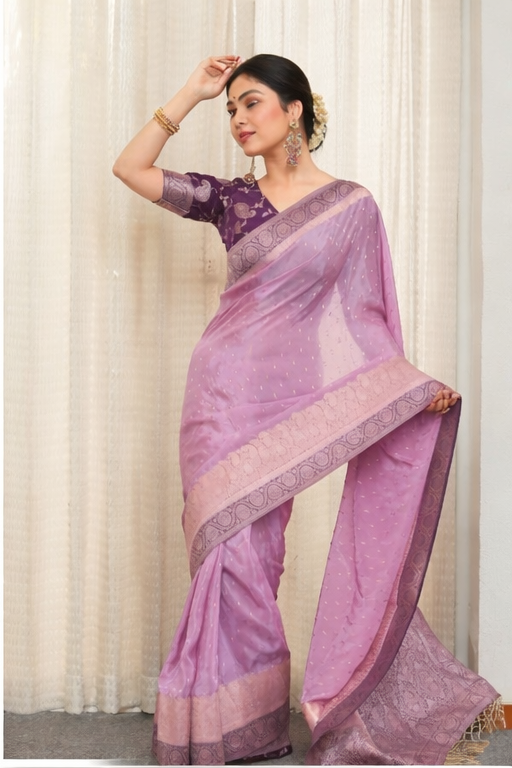 Graceful Lavender Silk Saree with Rich Border – Premium Party Wear