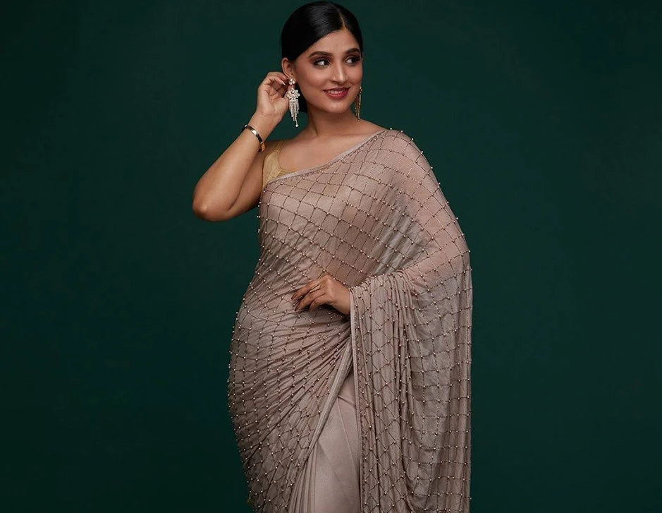Koskii Mauve Work Semi Crepe Designer Saree