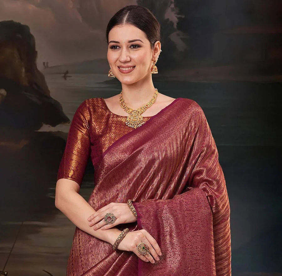 The Lotus Fashion Venetian Maroon Golden Kanjivaram Silk Saree