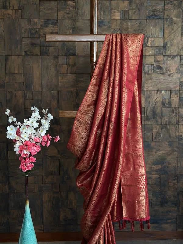 The Lotus Fashion Venetian Maroon Golden Kanjivaram Silk Saree